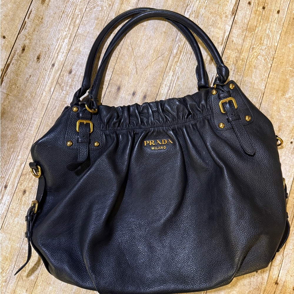 Prada Black Leather Shoulder Bag with Gold Accents